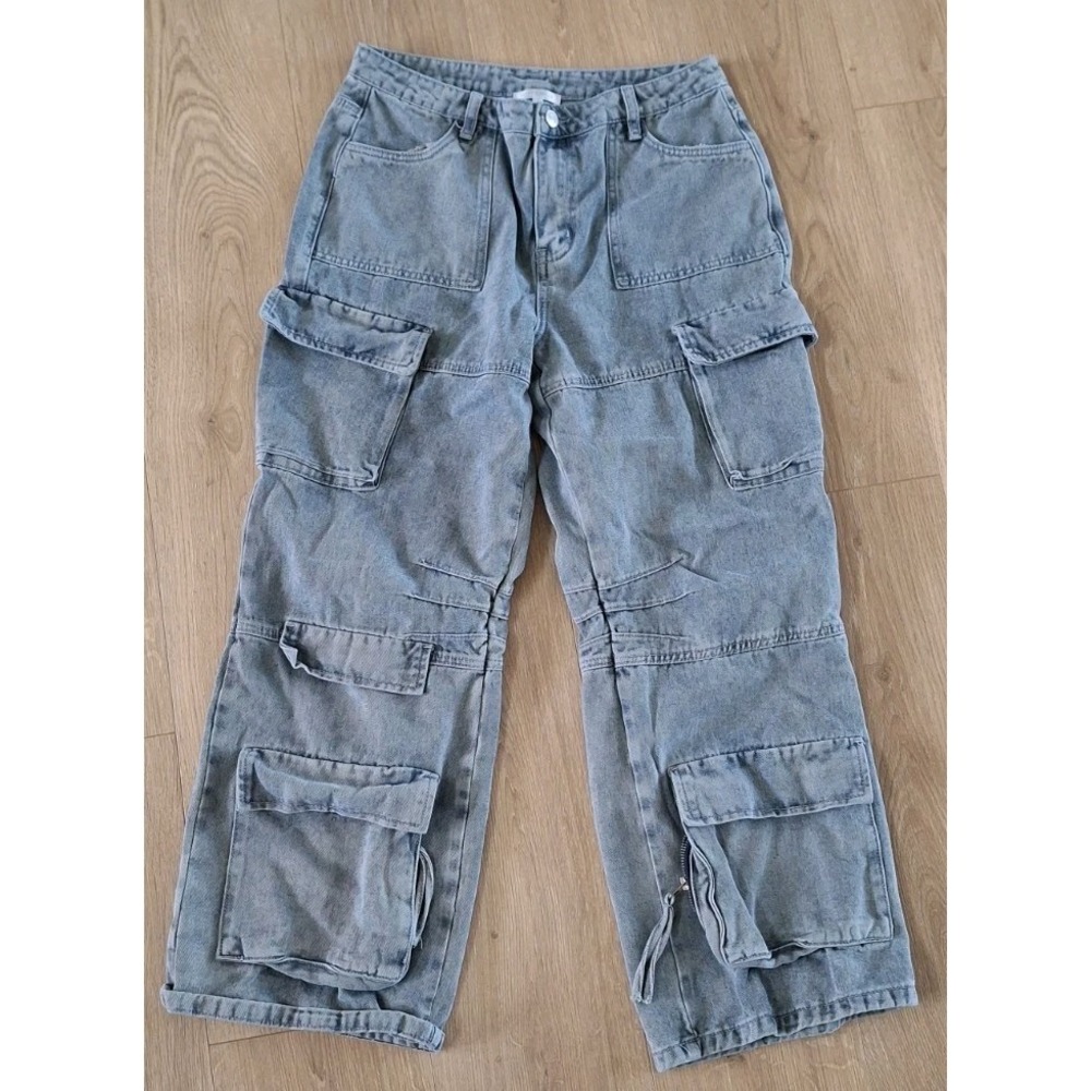 Riley & James Cargo Jeans Women's L Wide Leg Light Wash Y2K Utility Denim 32x28"